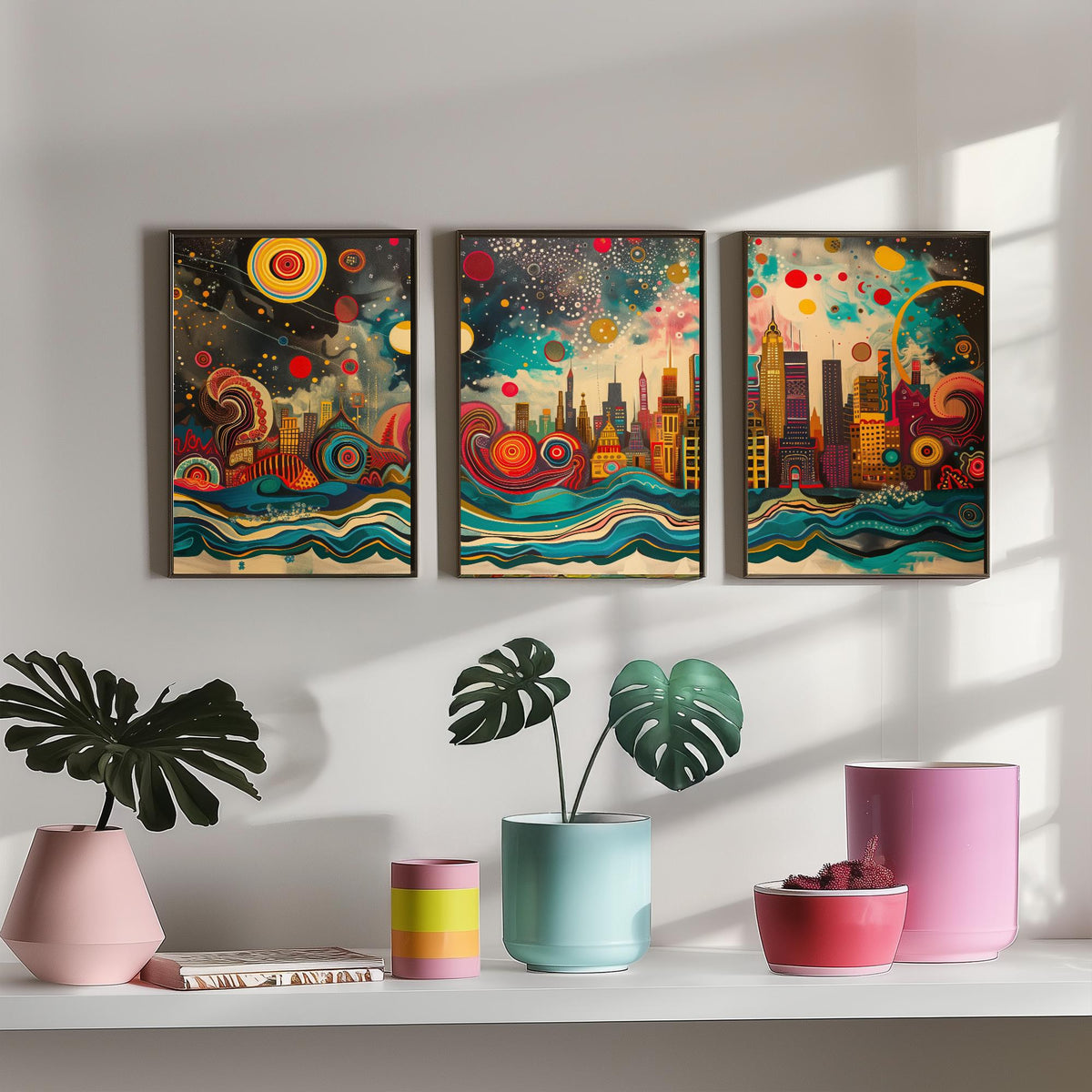 Chicago USA Skyline Set of Three Prints | Willis Tower Hancock Center Night Sky | Panoramic Cityscape Wall Art Poster Painting