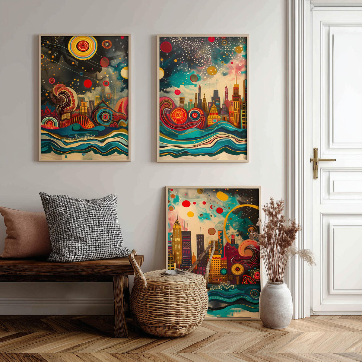 Chicago USA Skyline Set of Three Prints | Willis Tower Hancock Center Night Sky | Panoramic Cityscape Wall Art Poster Painting