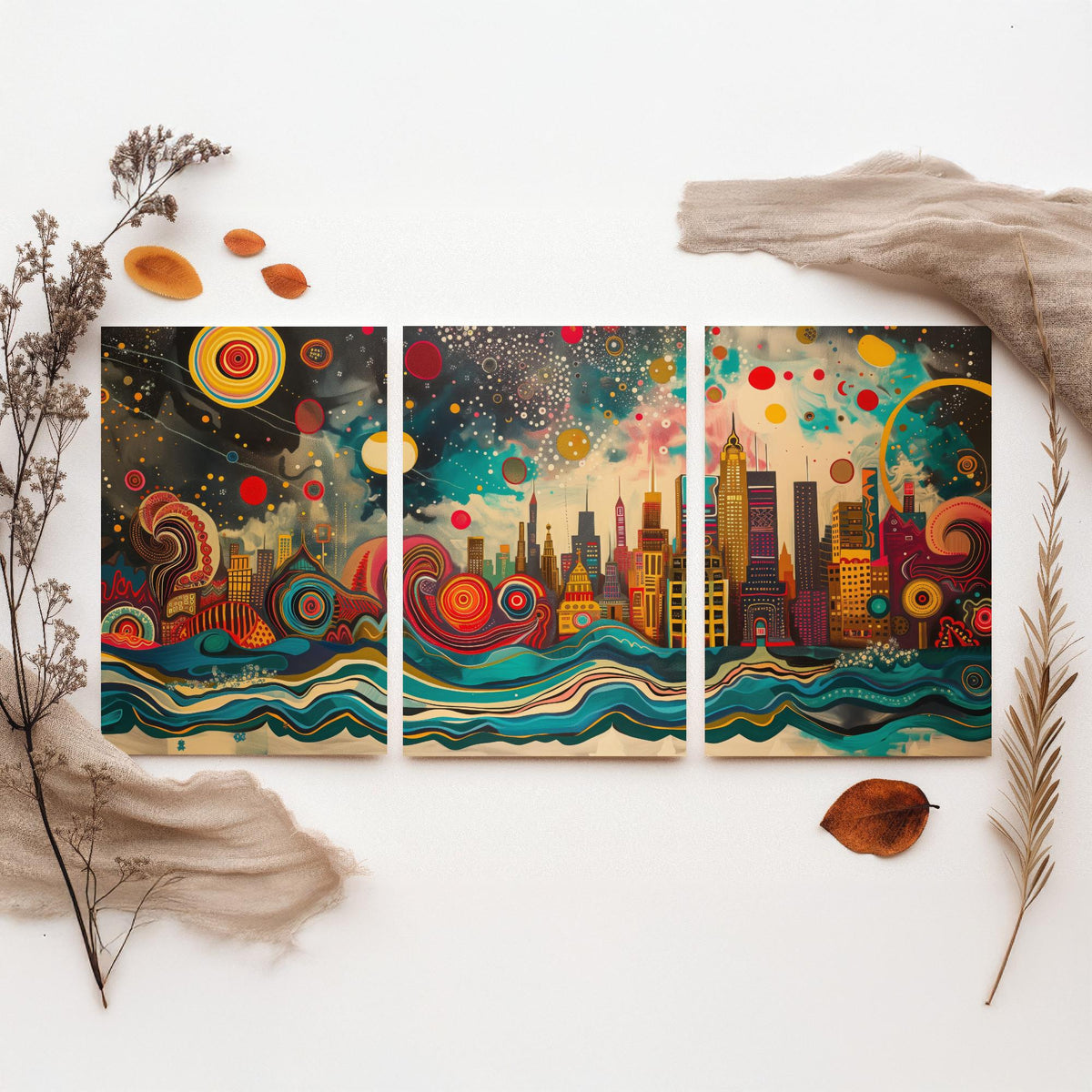 Chicago USA Skyline Set of Three Prints | Willis Tower Hancock Center Night Sky | Panoramic Cityscape Wall Art Poster Painting