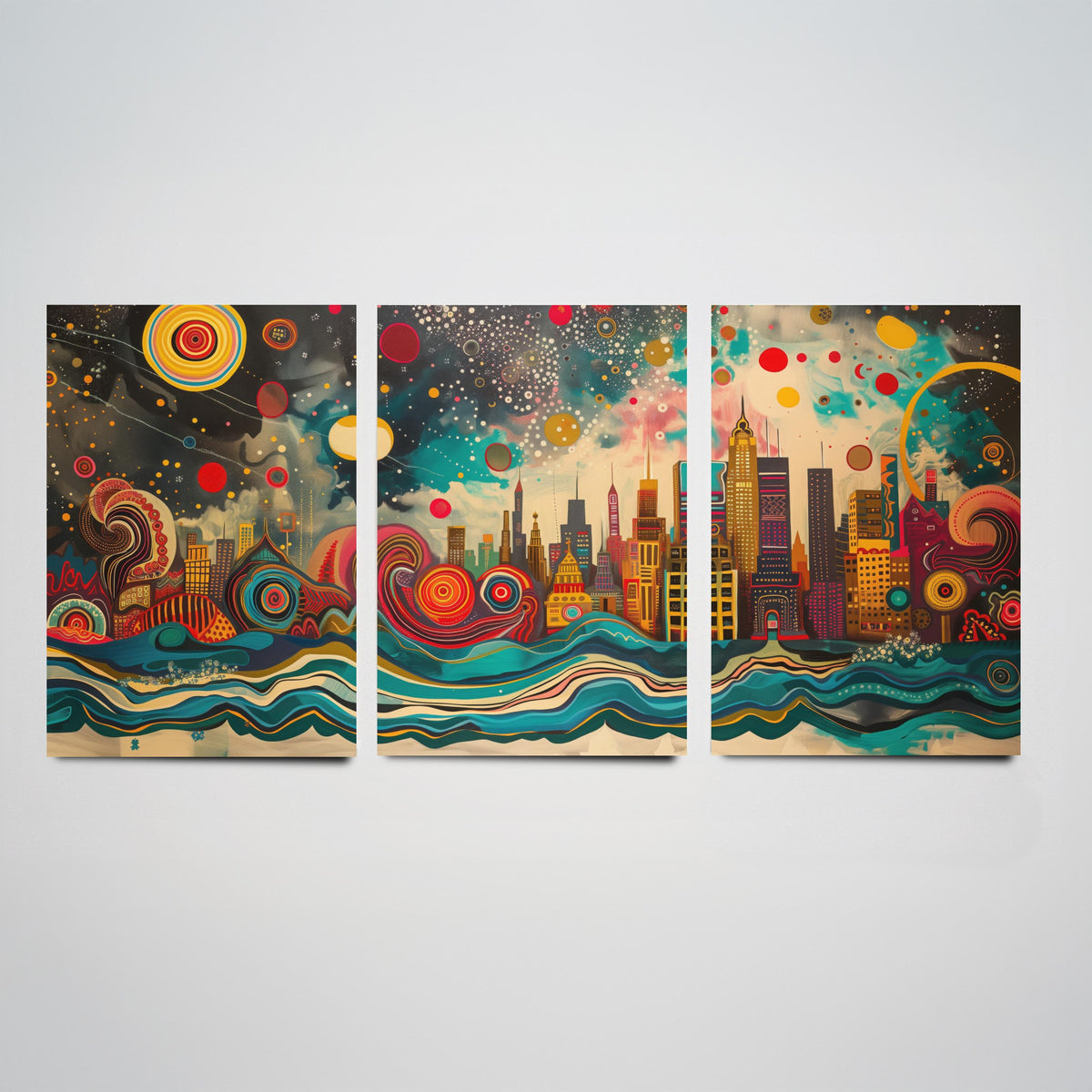 Chicago USA Skyline Set of Three Prints | Willis Tower Hancock Center Night Sky | Panoramic Cityscape Wall Art Poster Painting