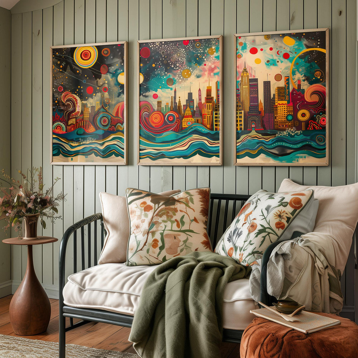 Chicago USA Skyline Set of Three Prints | Willis Tower Hancock Center Night Sky | Panoramic Cityscape Wall Art Poster Painting