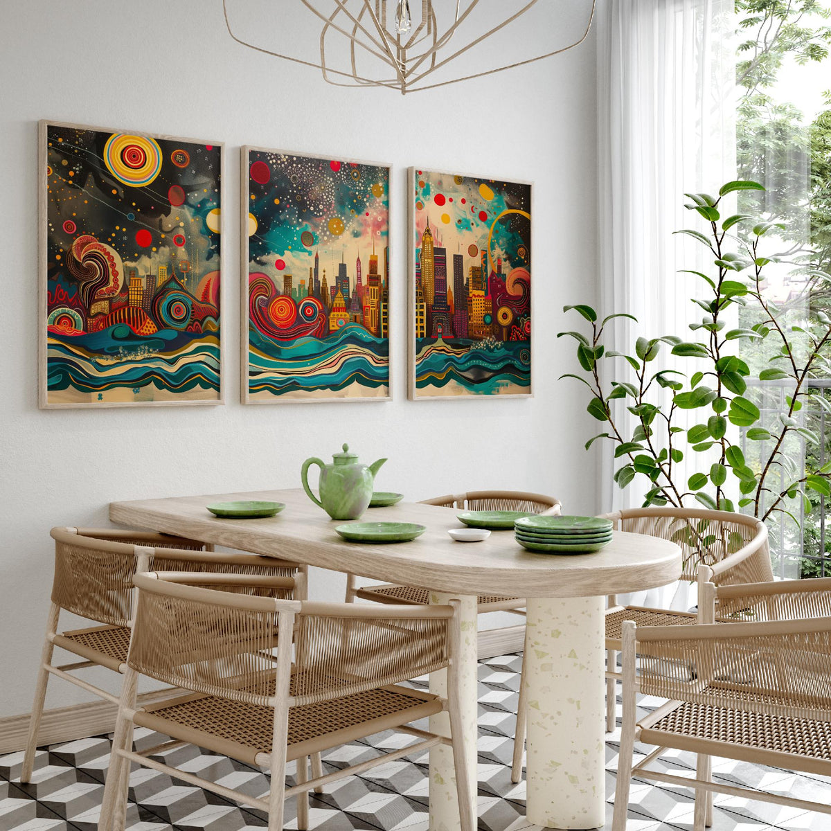 Chicago USA Skyline Set of Three Prints | Willis Tower Hancock Center Night Sky | Panoramic Cityscape Wall Art Poster Painting
