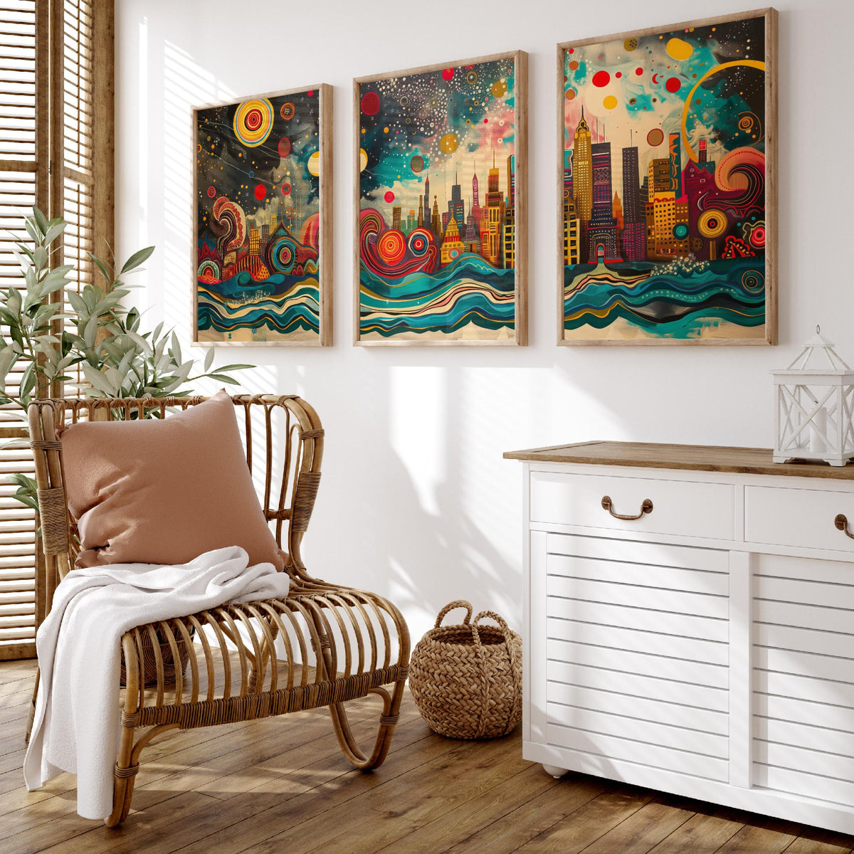 Chicago USA Skyline Set of Three Prints | Willis Tower Hancock Center Night Sky | Panoramic Cityscape Wall Art Poster Painting