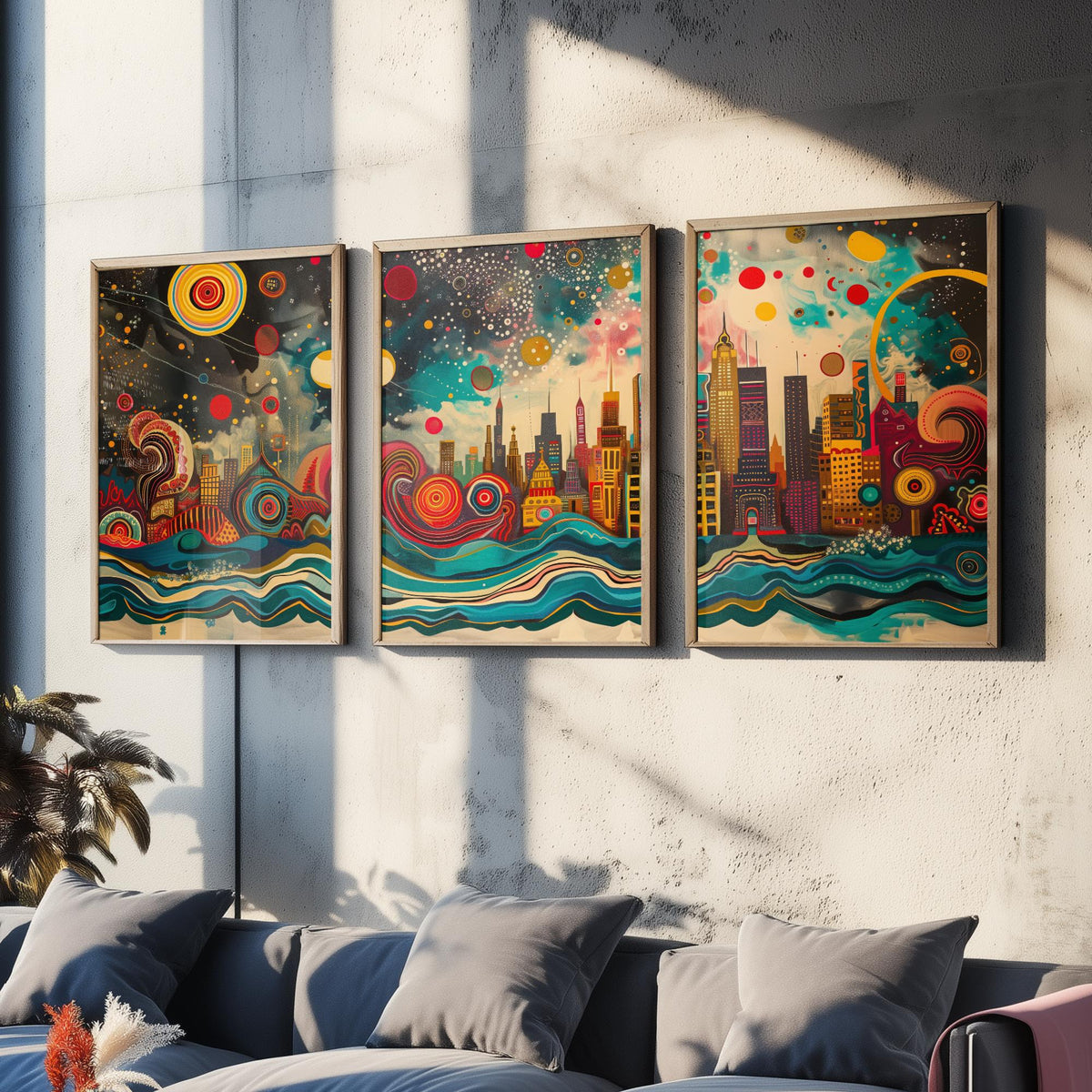 Chicago USA Skyline Set of Three Prints | Willis Tower Hancock Center Night Sky | Panoramic Cityscape Wall Art Poster Painting