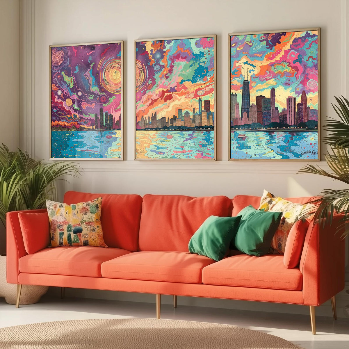 Chicago Illinois Skyline Set of Three Prints | Willis Tower John Hancock Lake Michigan | Colorful Cityscape Wall Art Poster Illustration