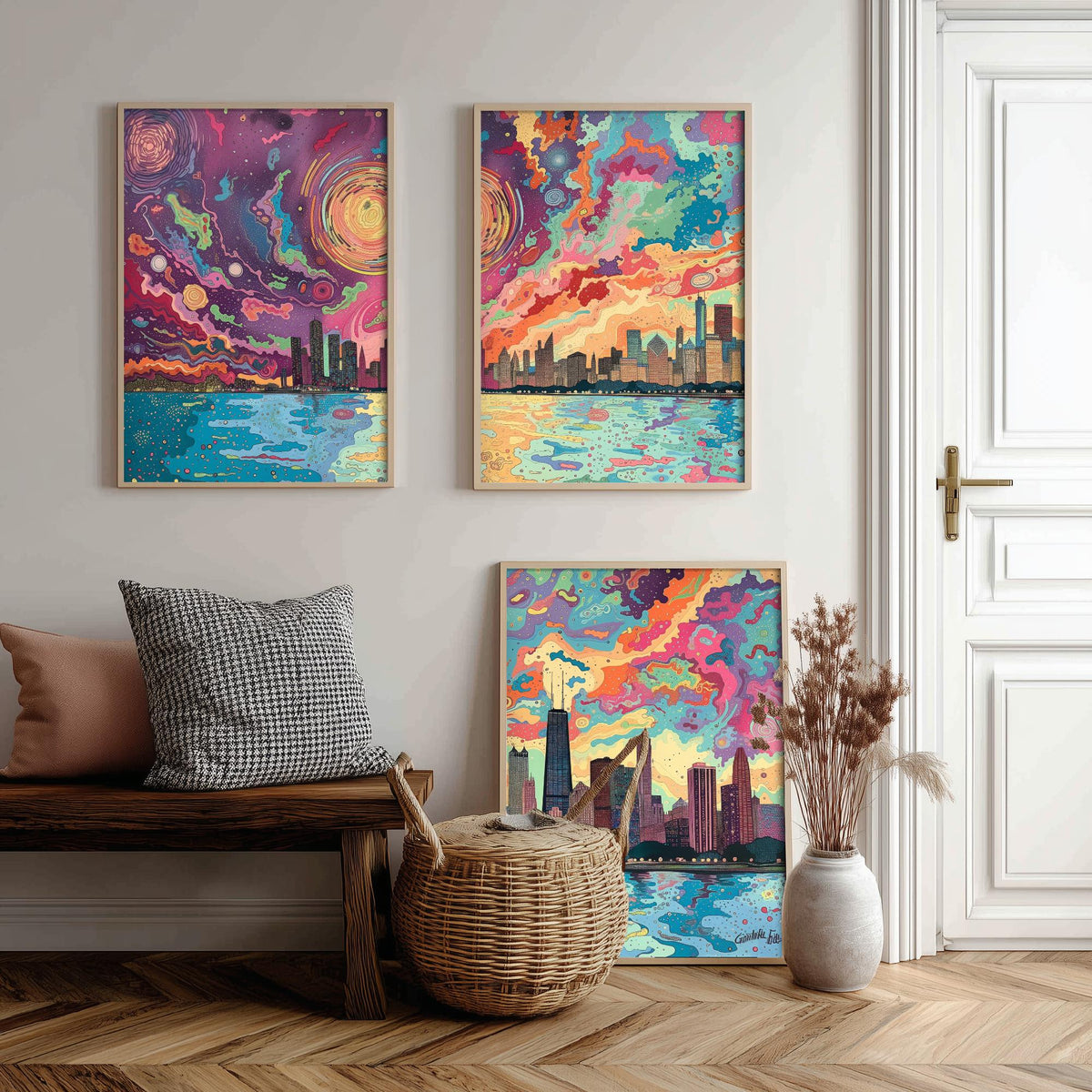 Chicago Illinois Skyline Set of Three Prints | Willis Tower John Hancock Lake Michigan | Colorful Cityscape Wall Art Poster Illustration