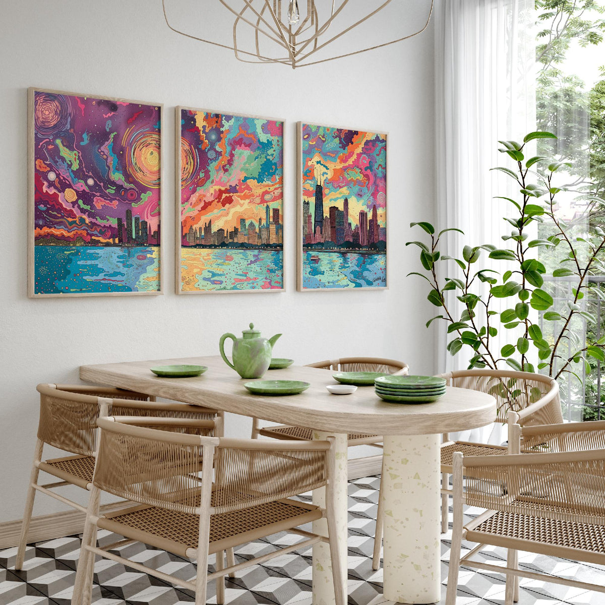 Chicago Illinois Skyline Set of Three Prints | Willis Tower John Hancock Lake Michigan | Colorful Cityscape Wall Art Poster Illustration