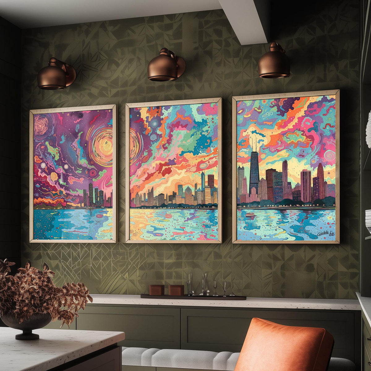 Chicago Illinois Skyline Set of Three Prints | Willis Tower John Hancock Lake Michigan | Colorful Cityscape Wall Art Poster Illustration