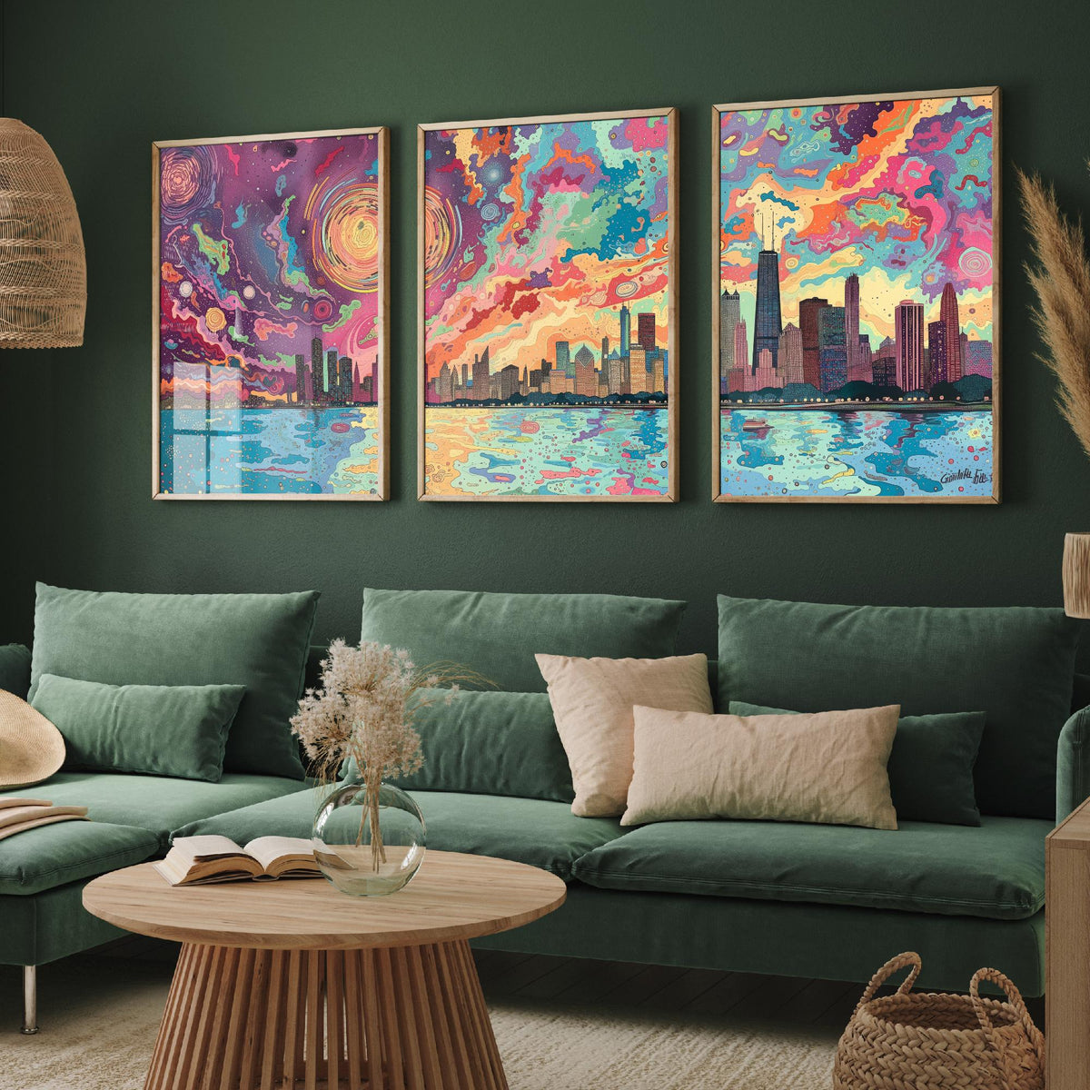 Chicago Illinois Skyline Set of Three Prints | Willis Tower John Hancock Lake Michigan | Colorful Cityscape Wall Art Poster Illustration