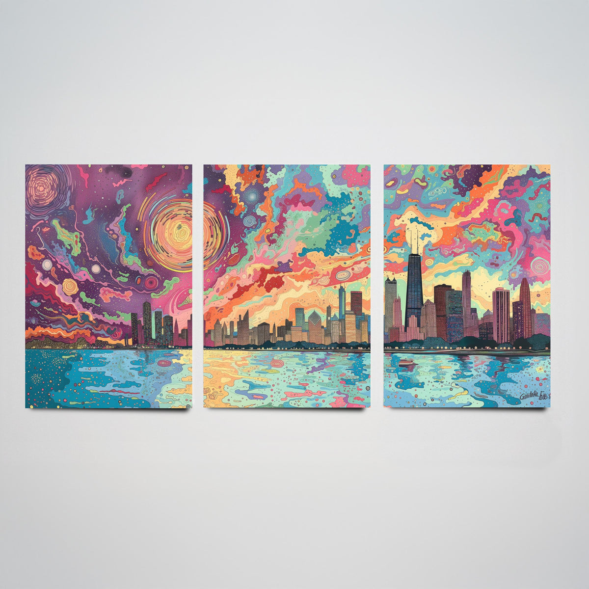 Chicago Illinois Skyline Set of Three Prints | Willis Tower John Hancock Lake Michigan | Colorful Cityscape Wall Art Poster Illustration
