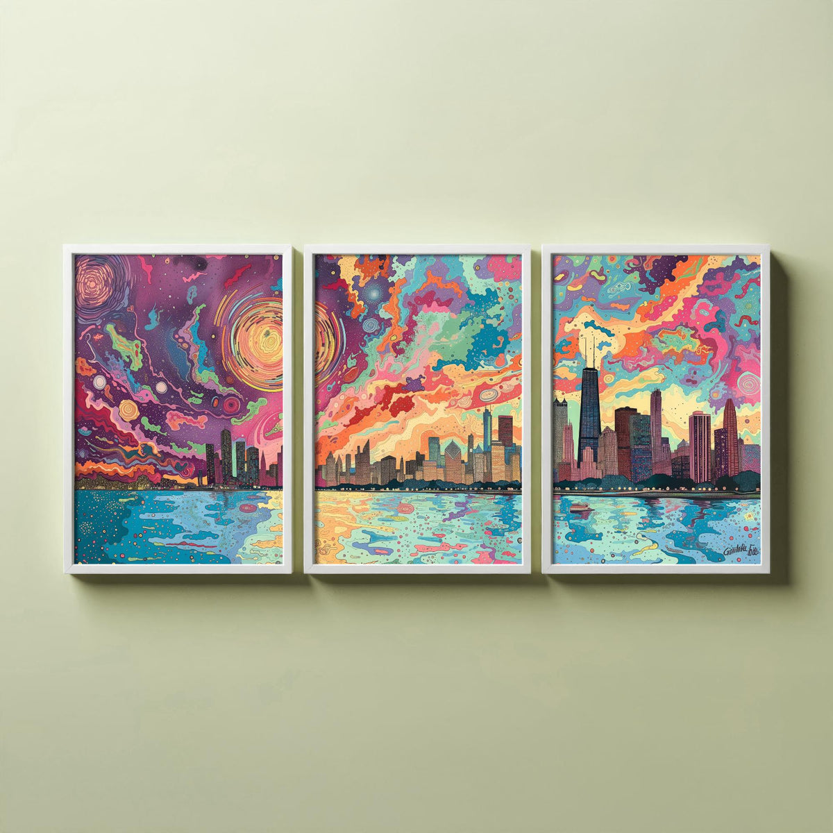 Chicago Illinois Skyline Set of Three Prints | Willis Tower John Hancock Lake Michigan | Colorful Cityscape Wall Art Poster Illustration
