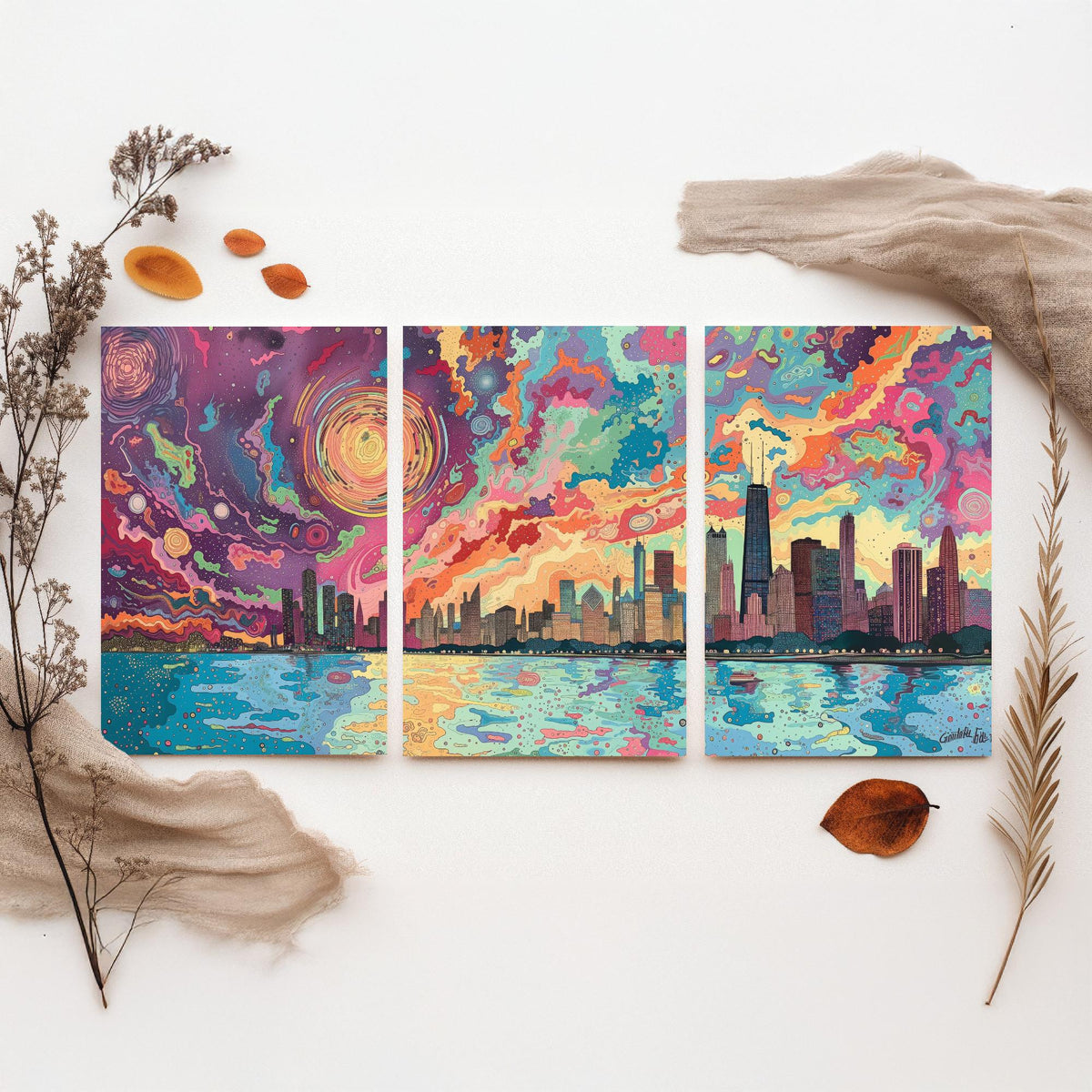 Chicago Illinois Skyline Set of Three Prints | Willis Tower John Hancock Lake Michigan | Colorful Cityscape Wall Art Poster Illustration