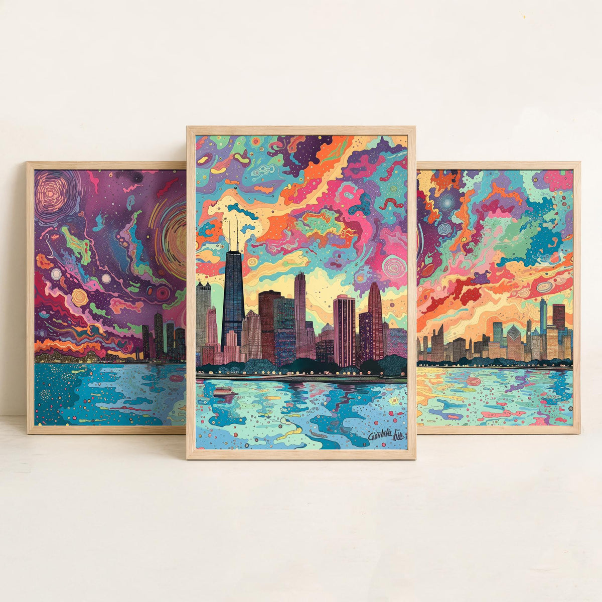 Chicago Illinois Skyline Set of Three Prints | Willis Tower John Hancock Lake Michigan | Colorful Cityscape Wall Art Poster Illustration