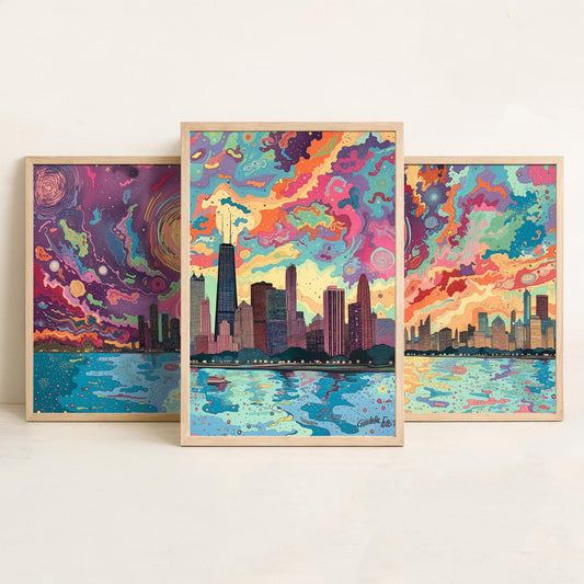 Chicago Illinois Skyline Set of Three Prints | Willis Tower John Hancock Lake Michigan | Colorful Cityscape Wall Art Poster Illustration