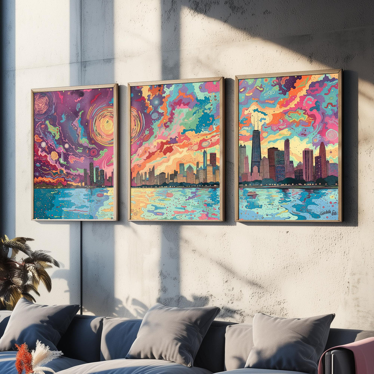 Chicago Illinois Skyline Set of Three Prints | Willis Tower John Hancock Lake Michigan | Colorful Cityscape Wall Art Poster Illustration
