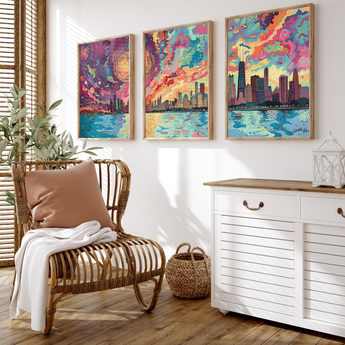Chicago Illinois Skyline Set of Three Prints | Willis Tower John Hancock Lake Michigan | Colorful Cityscape Wall Art Poster Illustration