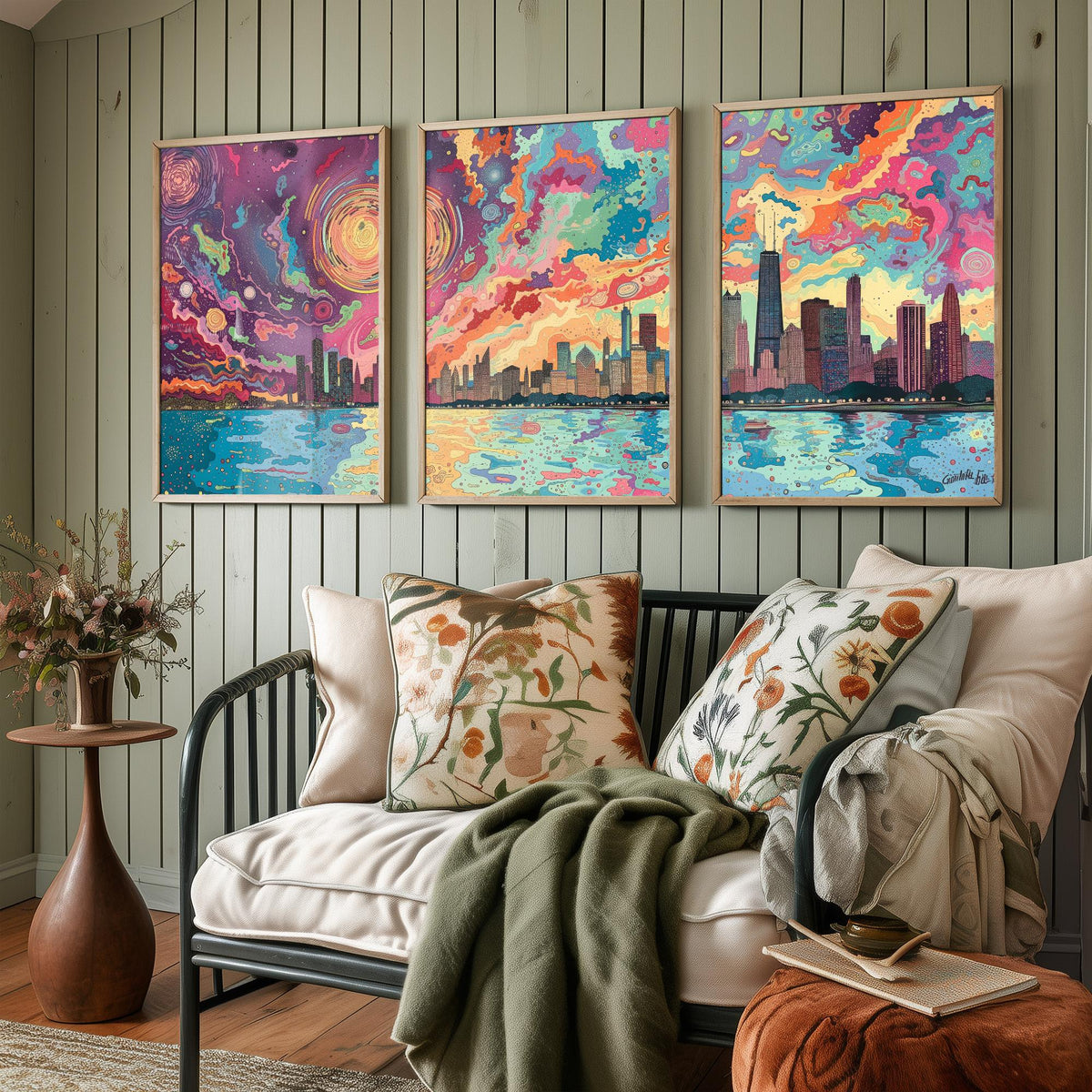 Chicago Illinois Skyline Set of Three Prints | Willis Tower John Hancock Lake Michigan | Colorful Cityscape Wall Art Poster Illustration