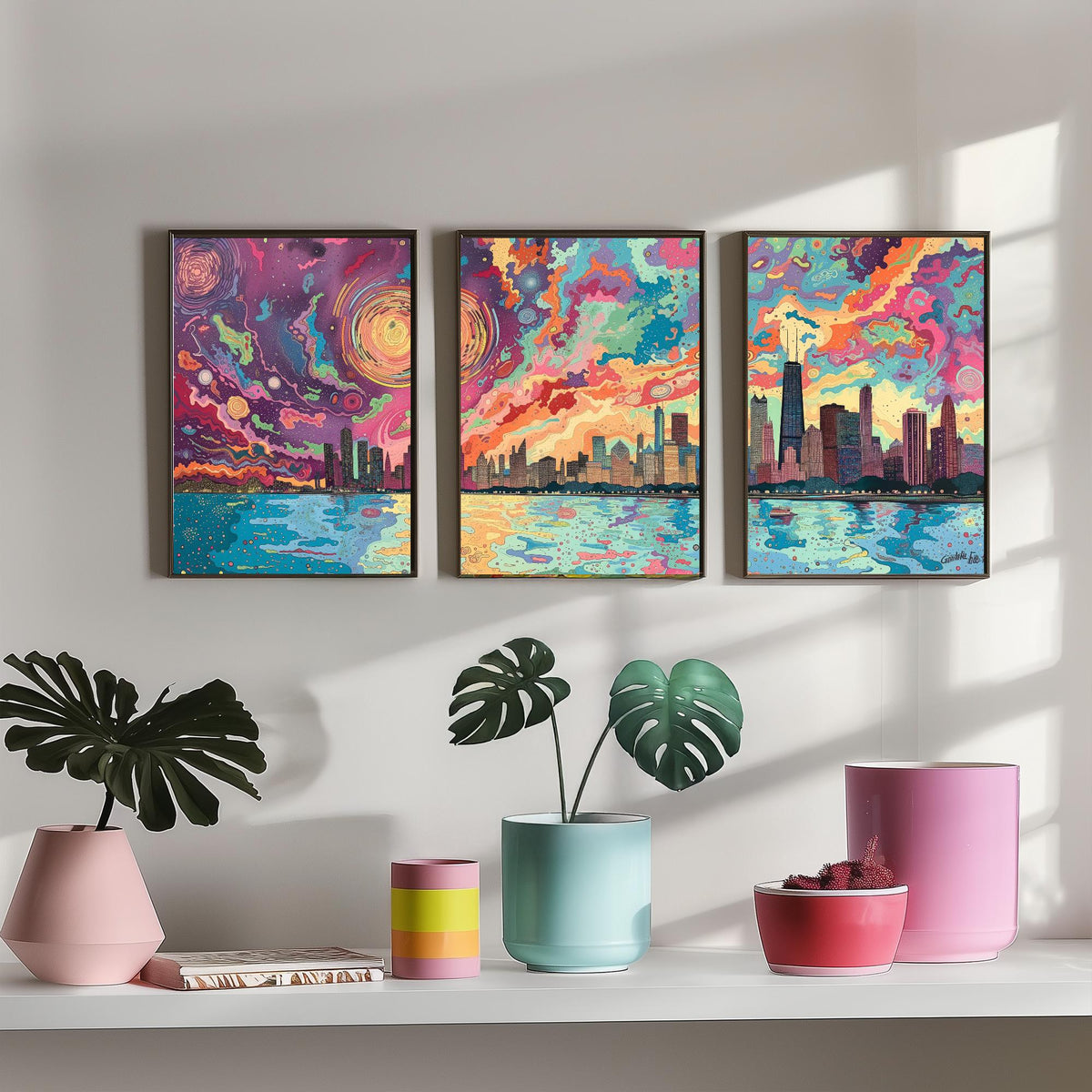Chicago Illinois Skyline Set of Three Prints | Willis Tower John Hancock Lake Michigan | Colorful Cityscape Wall Art Poster Illustration