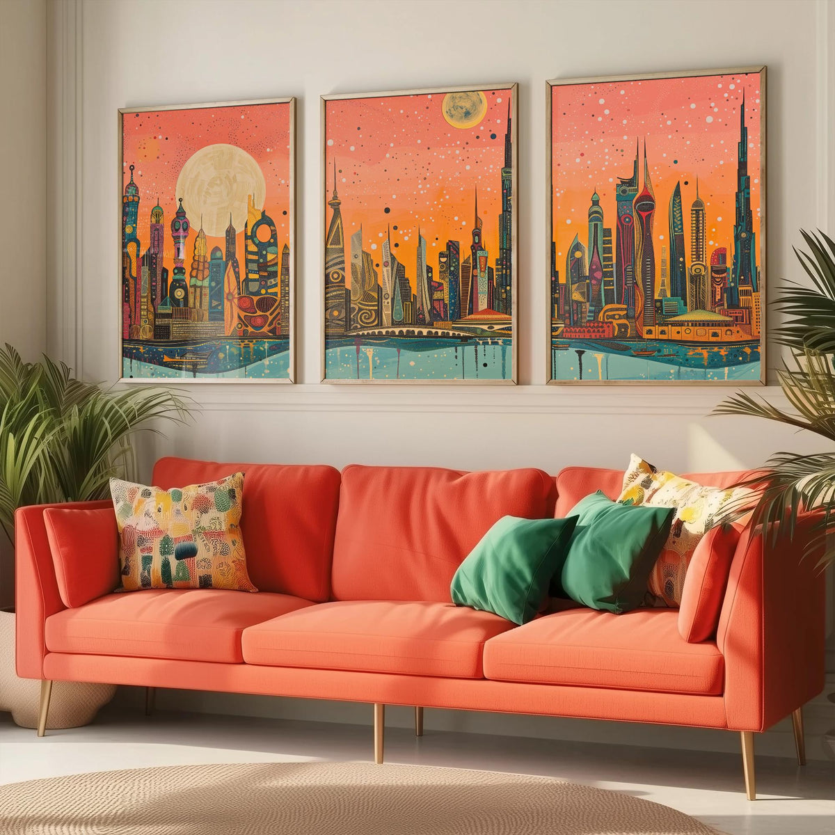 Dubai UAE Skyline Set of Three Prints | Burj Khalifa Burj Al Arab Marina Towers | Panoramic Cityscape Wall Art Poster Painting