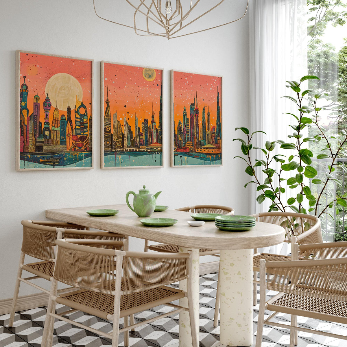 Dubai UAE Skyline Set of Three Prints | Burj Khalifa Burj Al Arab Marina Towers | Panoramic Cityscape Wall Art Poster Painting