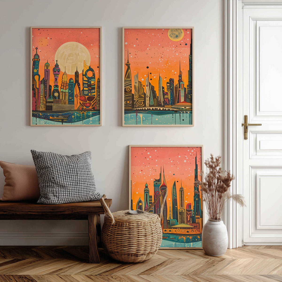 Dubai UAE Skyline Set of Three Prints | Burj Khalifa Burj Al Arab Marina Towers | Panoramic Cityscape Wall Art Poster Painting