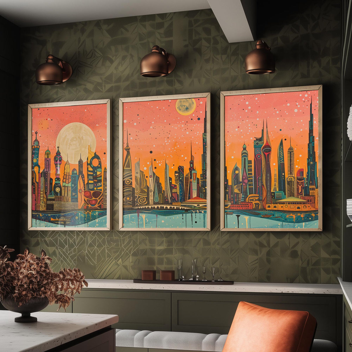 Dubai UAE Skyline Set of Three Prints | Burj Khalifa Burj Al Arab Marina Towers | Panoramic Cityscape Wall Art Poster Painting