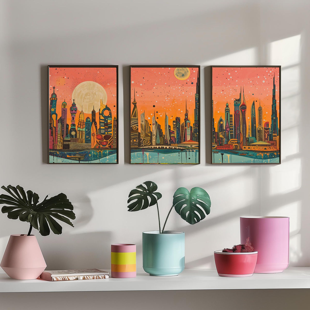 Dubai UAE Skyline Set of Three Prints | Burj Khalifa Burj Al Arab Marina Towers | Panoramic Cityscape Wall Art Poster Painting