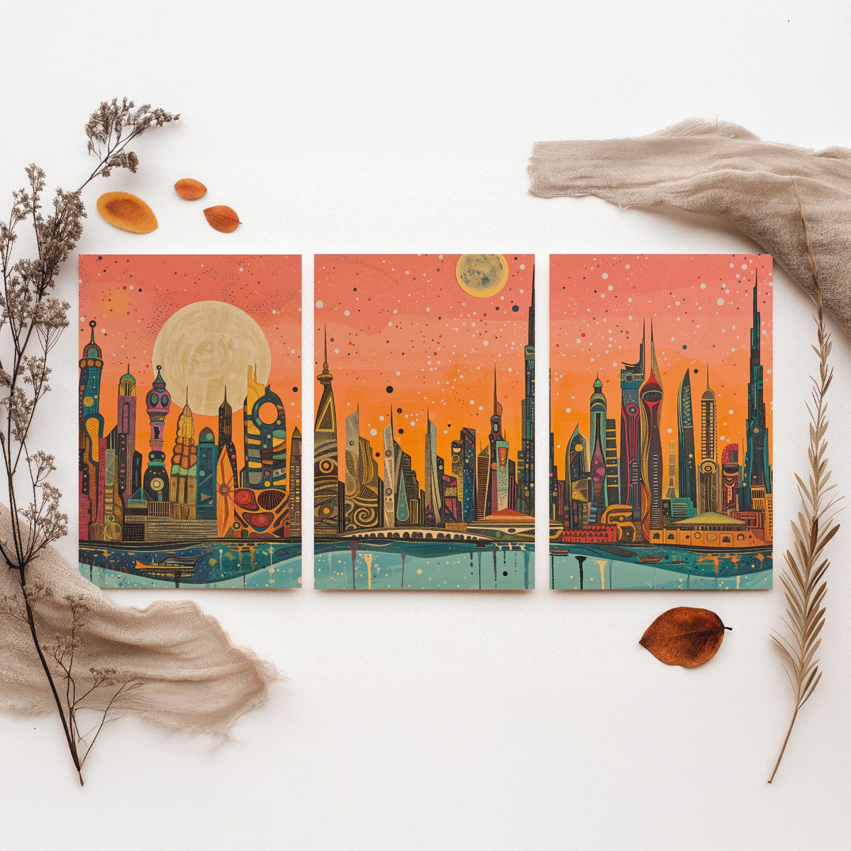 Dubai UAE Skyline Set of Three Prints | Burj Khalifa Burj Al Arab Marina Towers | Panoramic Cityscape Wall Art Poster Painting