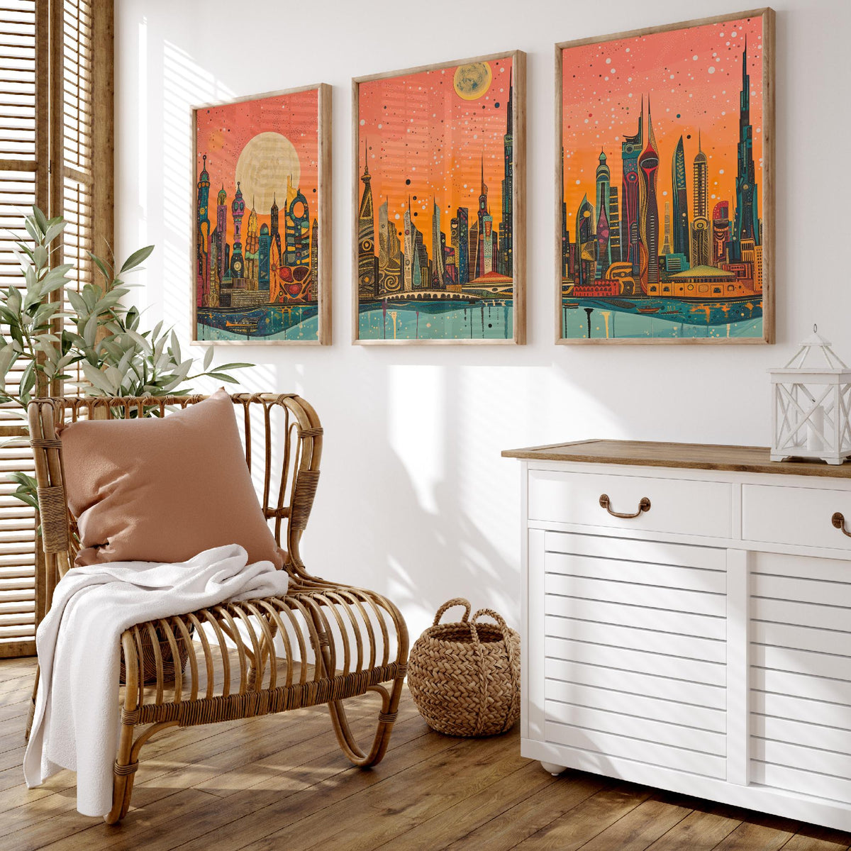 Dubai UAE Skyline Set of Three Prints | Burj Khalifa Burj Al Arab Marina Towers | Panoramic Cityscape Wall Art Poster Painting