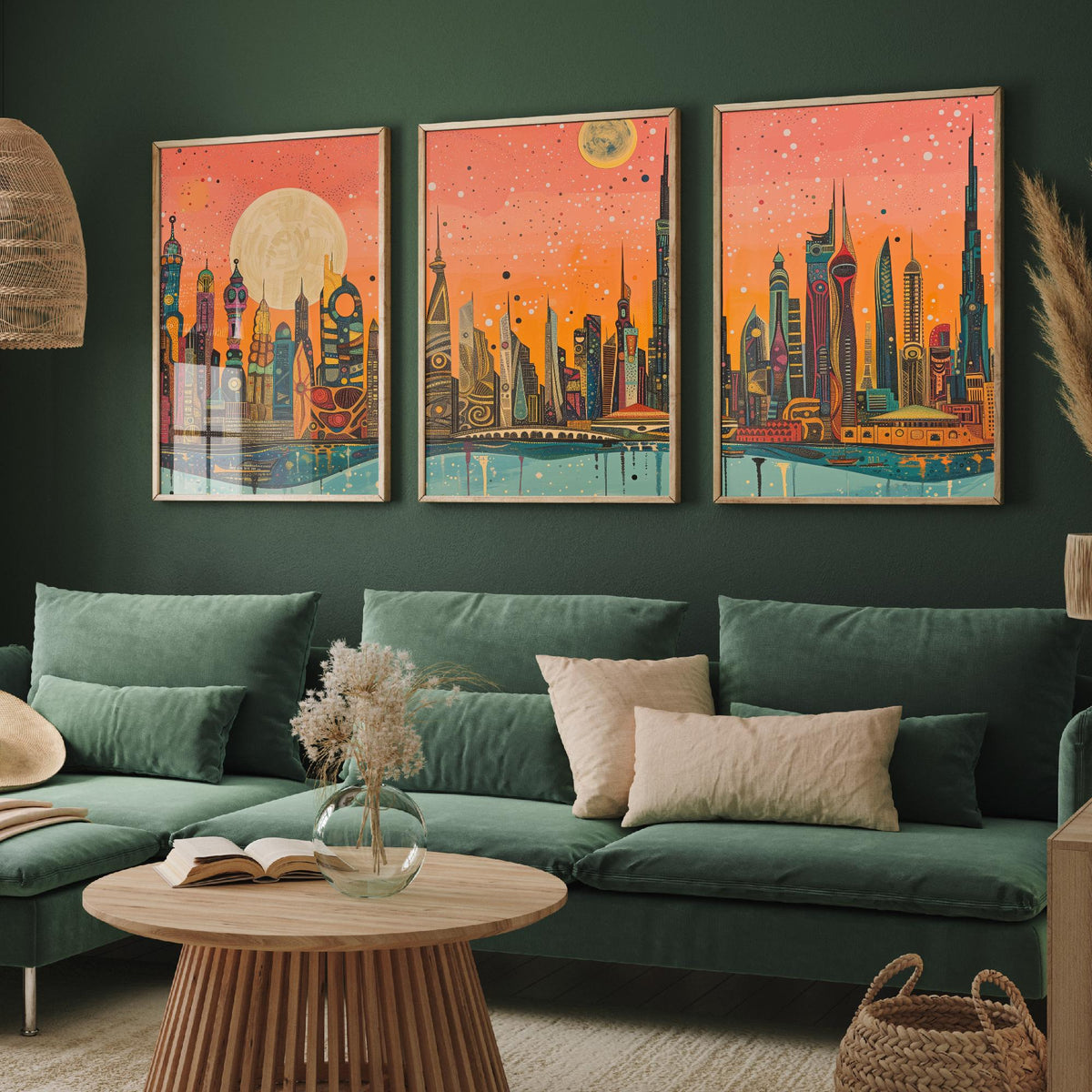 Dubai UAE Skyline Set of Three Prints | Burj Khalifa Burj Al Arab Marina Towers | Panoramic Cityscape Wall Art Poster Painting