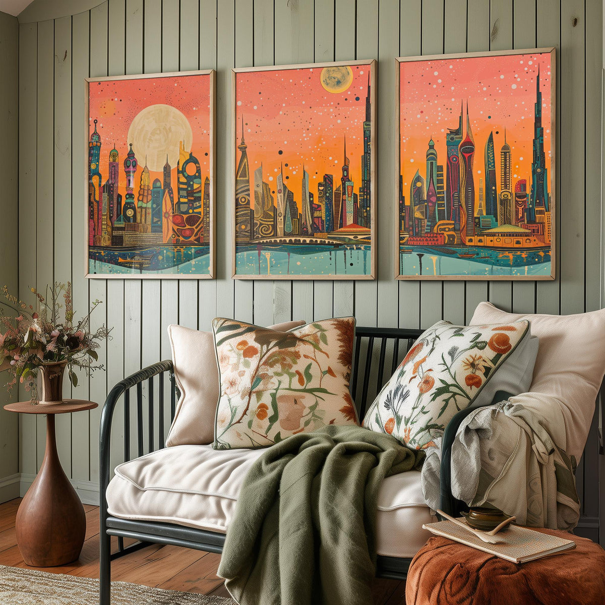 Dubai UAE Skyline Set of Three Prints | Burj Khalifa Burj Al Arab Marina Towers | Panoramic Cityscape Wall Art Poster Painting