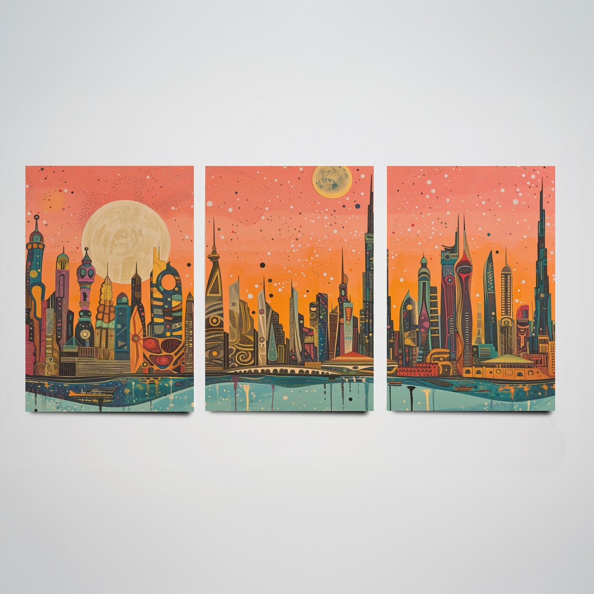 Dubai UAE Skyline Set of Three Prints | Burj Khalifa Burj Al Arab Marina Towers | Panoramic Cityscape Wall Art Poster Painting
