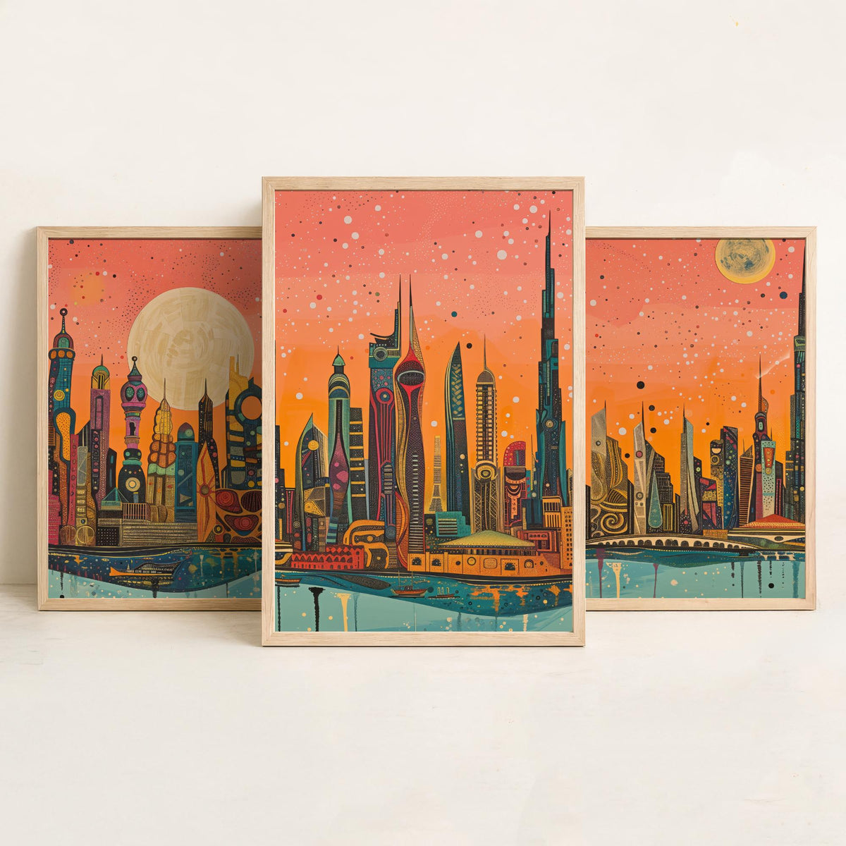Dubai UAE Skyline Set of Three Prints | Burj Khalifa Burj Al Arab Marina Towers | Panoramic Cityscape Wall Art Poster Painting