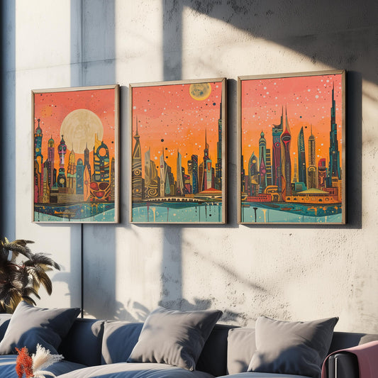Dubai UAE Skyline Set of Three Prints | Burj Khalifa Burj Al Arab Marina Towers | Panoramic Cityscape Wall Art Poster Painting