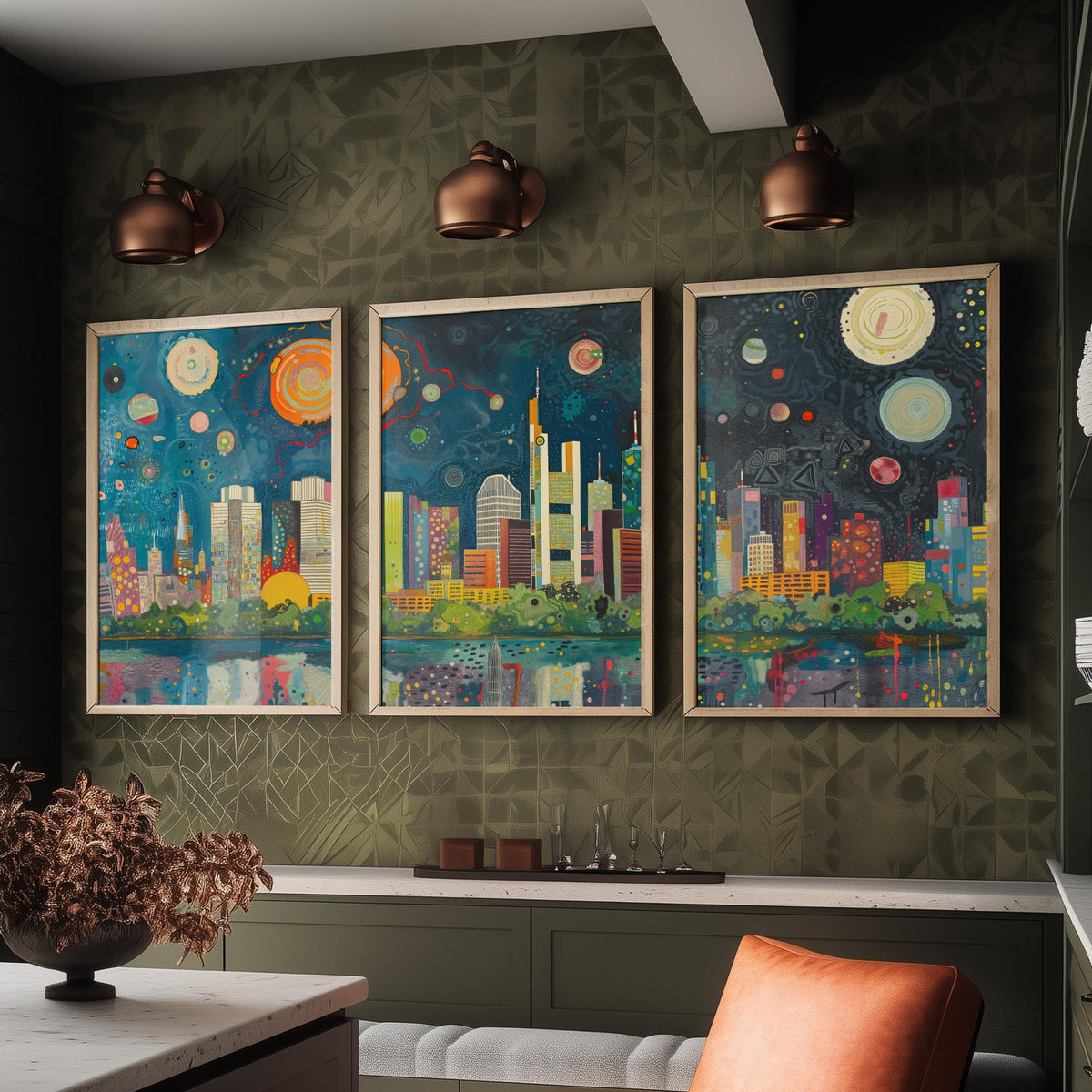 Frankfurt Germany Skyline Set of Three Prints | Commerzbank Main Tower Messeturm | Night Cityscape Wall Art Poster Painting