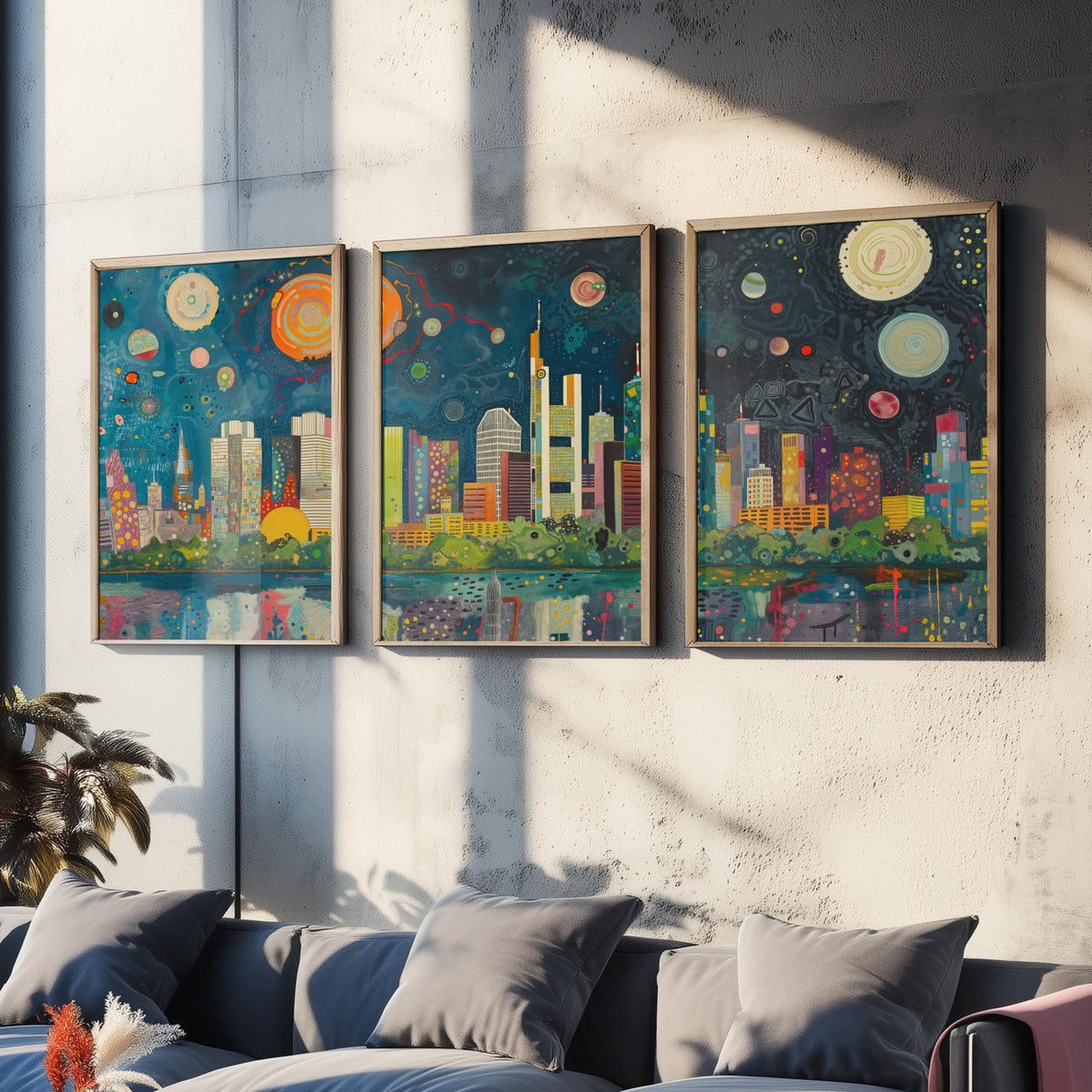 Frankfurt Germany Skyline Set of Three Prints | Commerzbank Main Tower Messeturm | Night Cityscape Wall Art Poster Painting