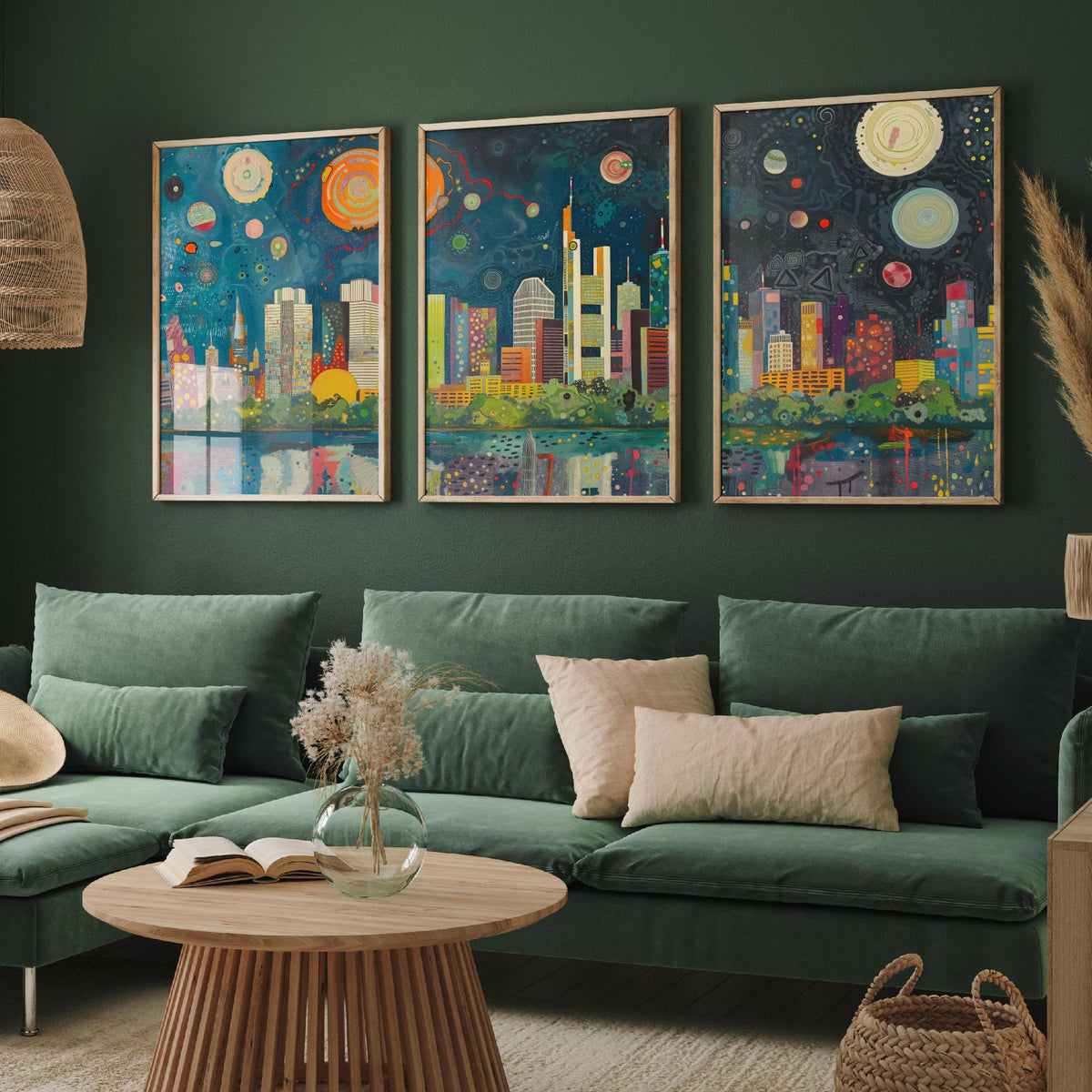 Frankfurt Germany Skyline Set of Three Prints | Commerzbank Main Tower Messeturm | Night Cityscape Wall Art Poster Painting