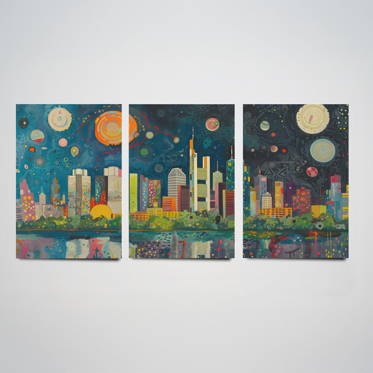 Frankfurt Germany Skyline Set of Three Prints | Commerzbank Main Tower Messeturm | Night Cityscape Wall Art Poster Painting