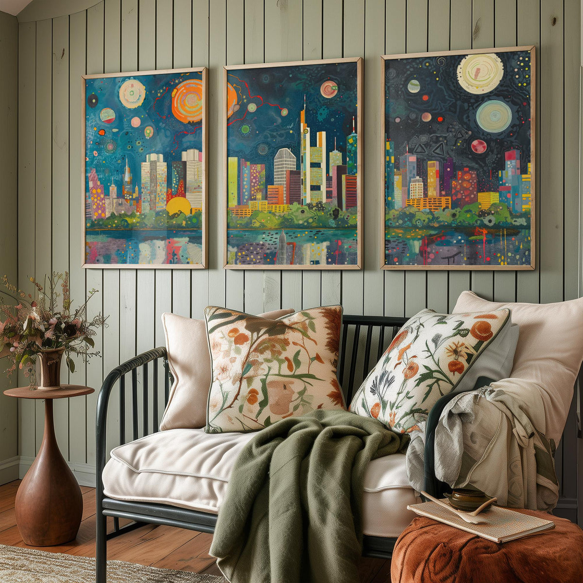 Frankfurt Germany Skyline Set of Three Prints | Commerzbank Main Tower Messeturm | Night Cityscape Wall Art Poster Painting