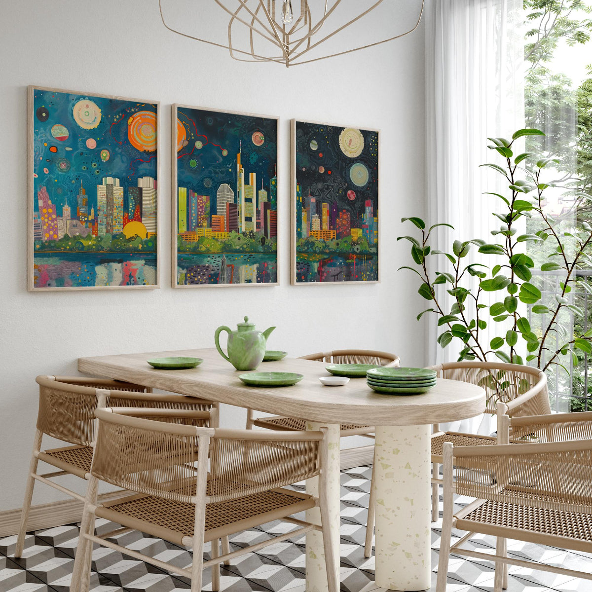 Frankfurt Germany Skyline Set of Three Prints | Commerzbank Main Tower Messeturm | Night Cityscape Wall Art Poster Painting