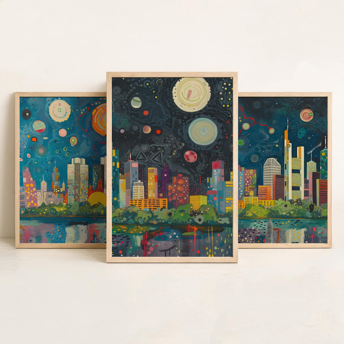 Frankfurt Germany Skyline Set of Three Prints | Commerzbank Main Tower Messeturm | Night Cityscape Wall Art Poster Painting