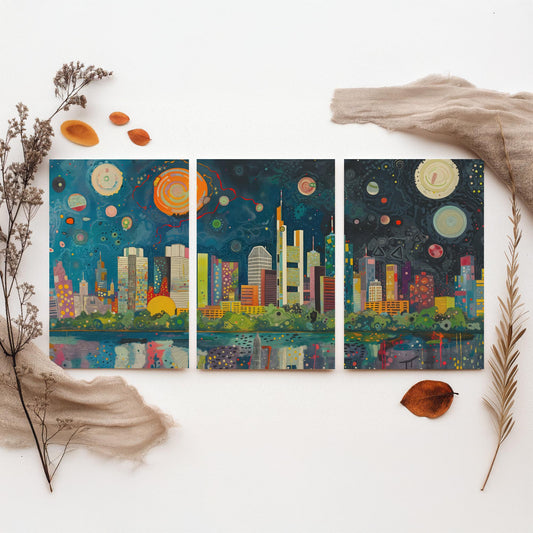 Frankfurt Germany Skyline Set of Three Prints | Commerzbank Main Tower Messeturm | Night Cityscape Wall Art Poster Painting