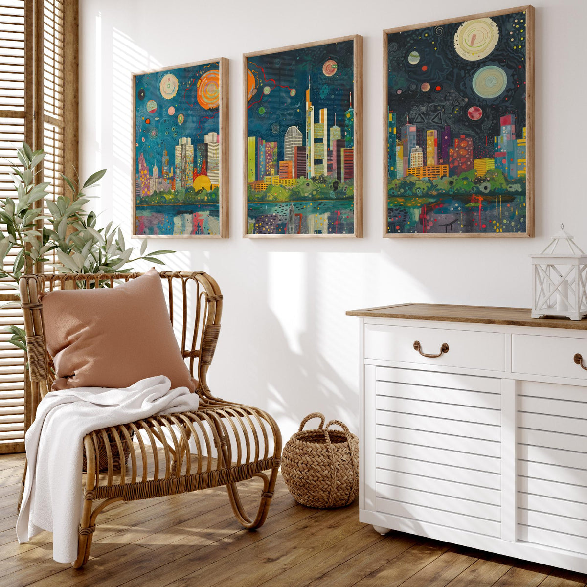 Frankfurt Germany Skyline Set of Three Prints | Commerzbank Main Tower Messeturm | Night Cityscape Wall Art Poster Painting