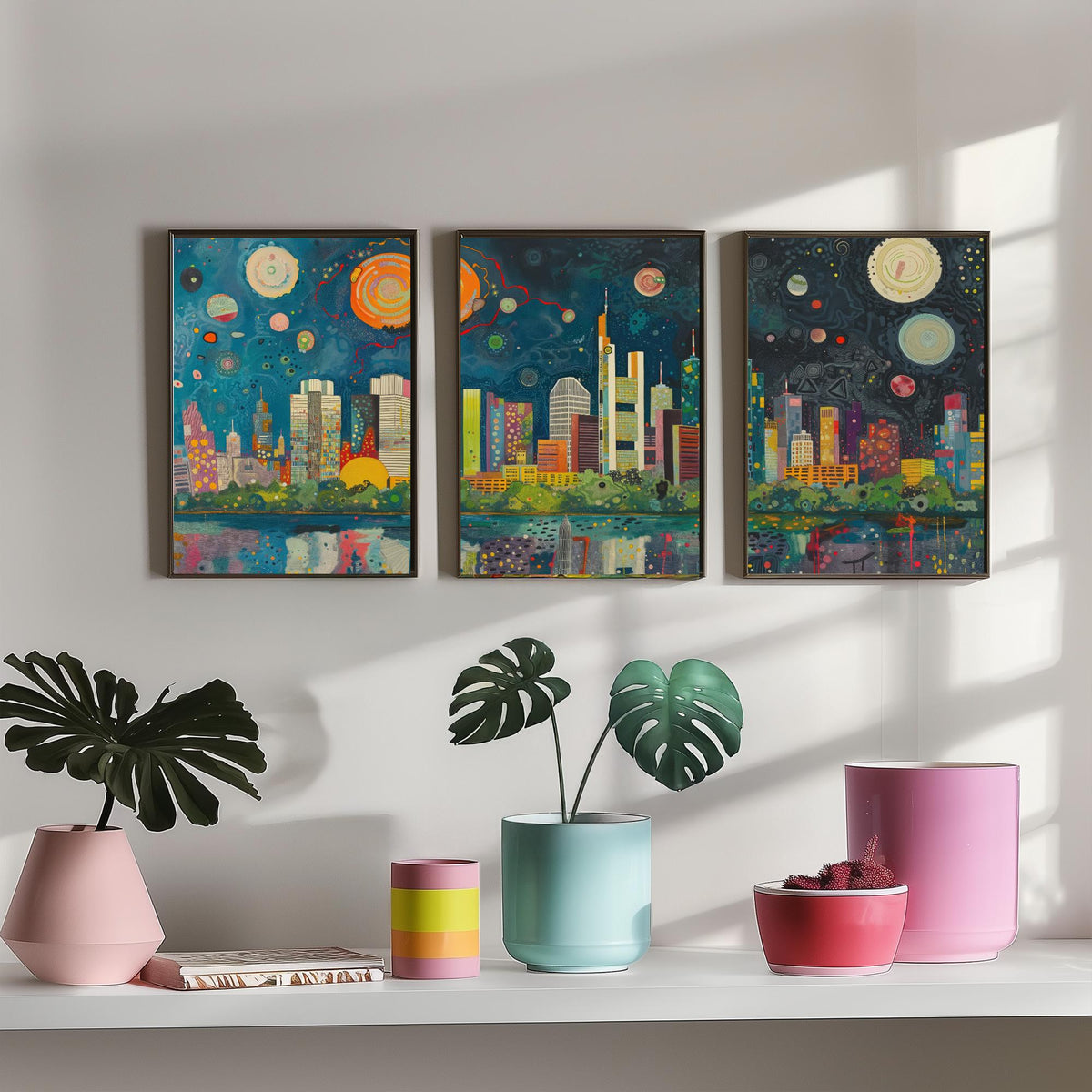 Frankfurt Germany Skyline Set of Three Prints | Commerzbank Main Tower Messeturm | Night Cityscape Wall Art Poster Painting