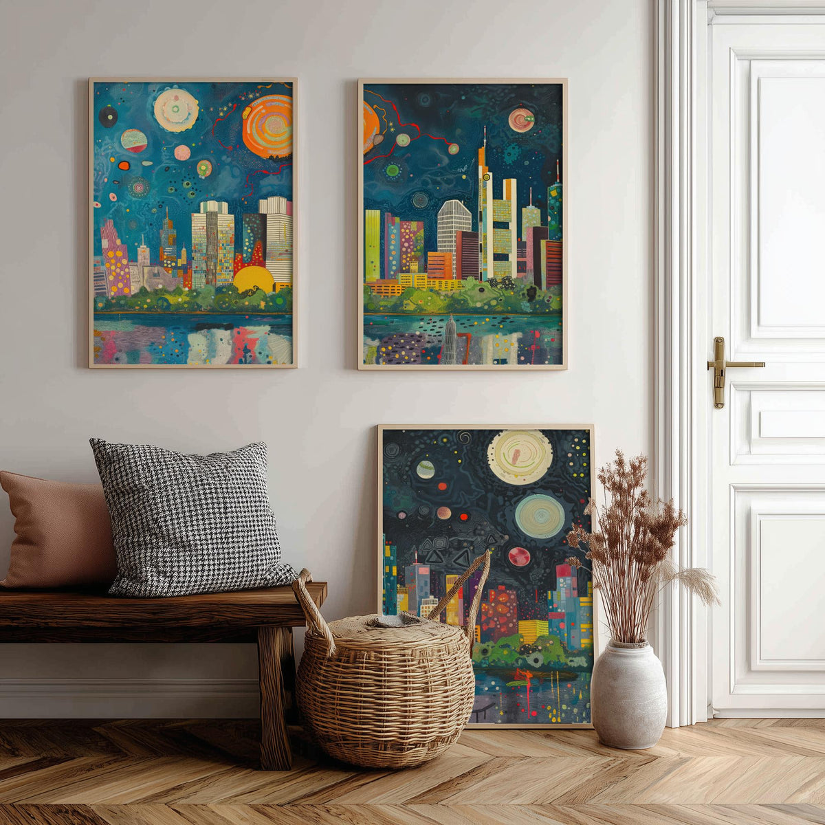 Frankfurt Germany Skyline Set of Three Prints | Commerzbank Main Tower Messeturm | Night Cityscape Wall Art Poster Painting