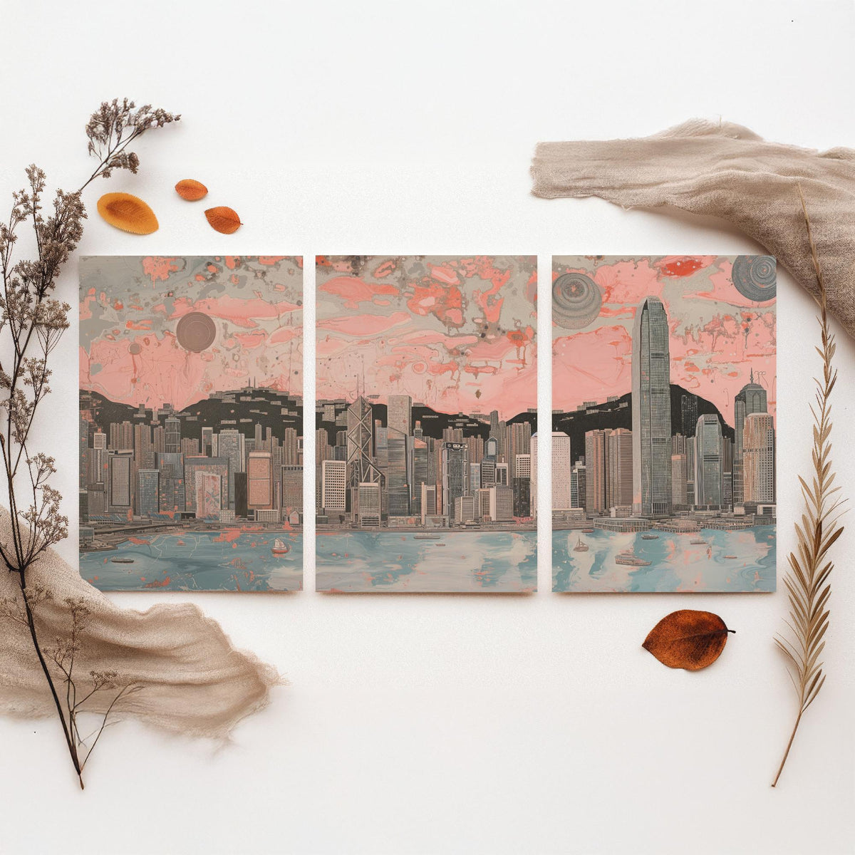 Hong Kong China Skyline Set of Three Prints | Two IFC Bank of China Tower Dusk | Panoramic Harbour Wall Art Poster Painting