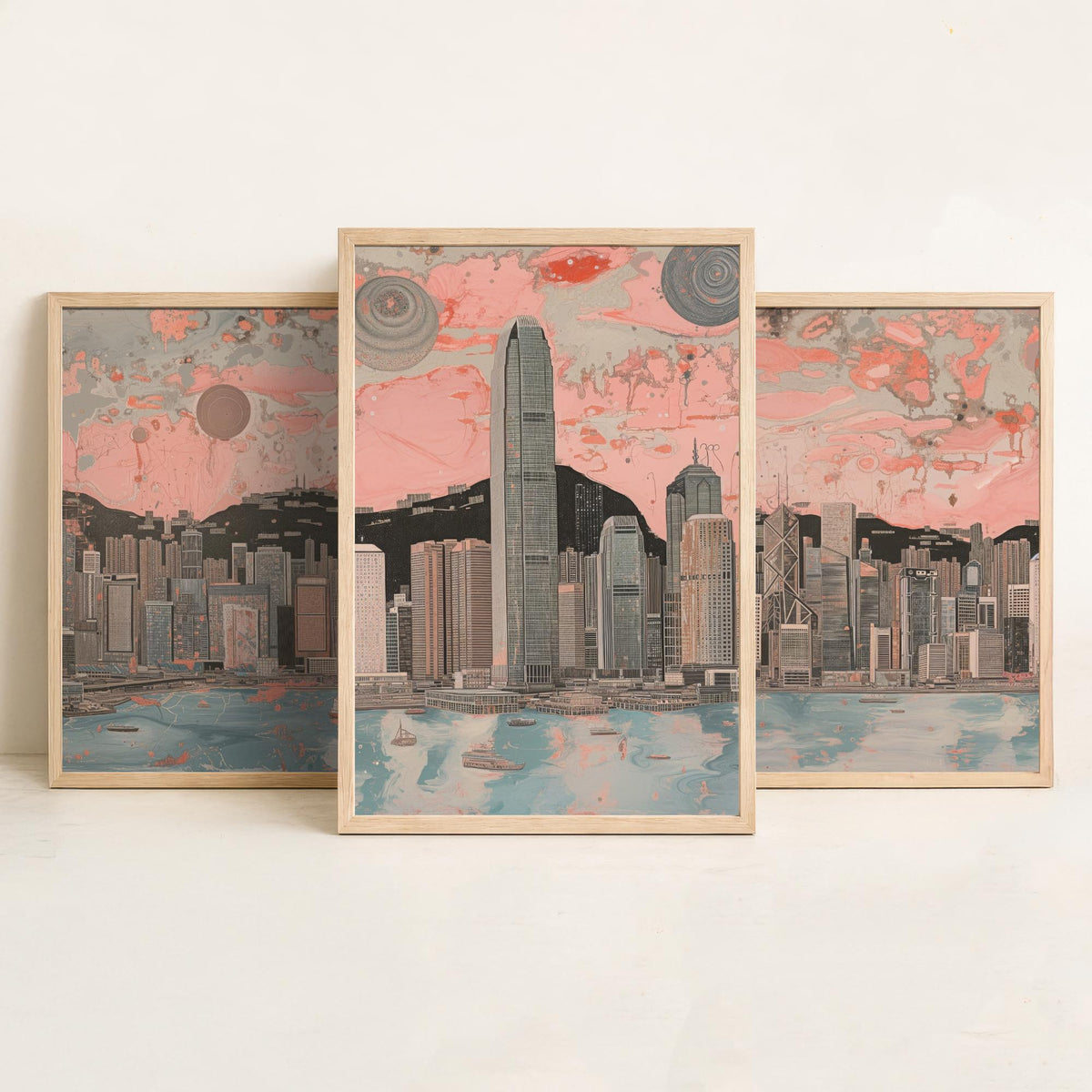 Hong Kong China Skyline Set of Three Prints | Two IFC Bank of China Tower Dusk | Panoramic Harbour Wall Art Poster Painting