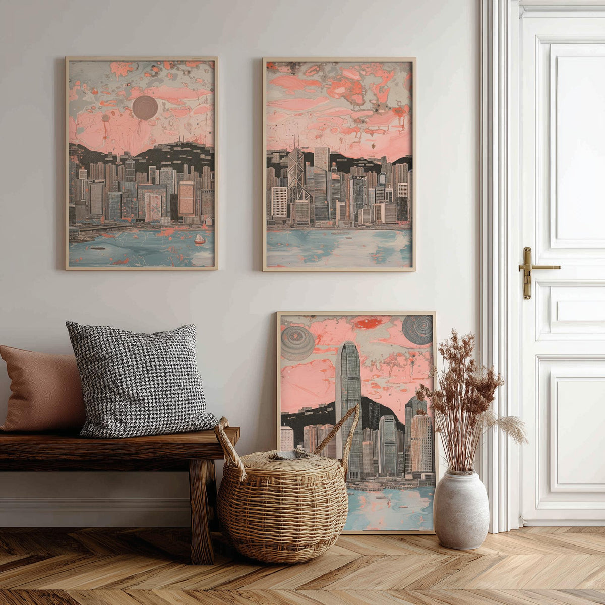 Hong Kong China Skyline Set of Three Prints | Two IFC Bank of China Tower Dusk | Panoramic Harbour Wall Art Poster Painting