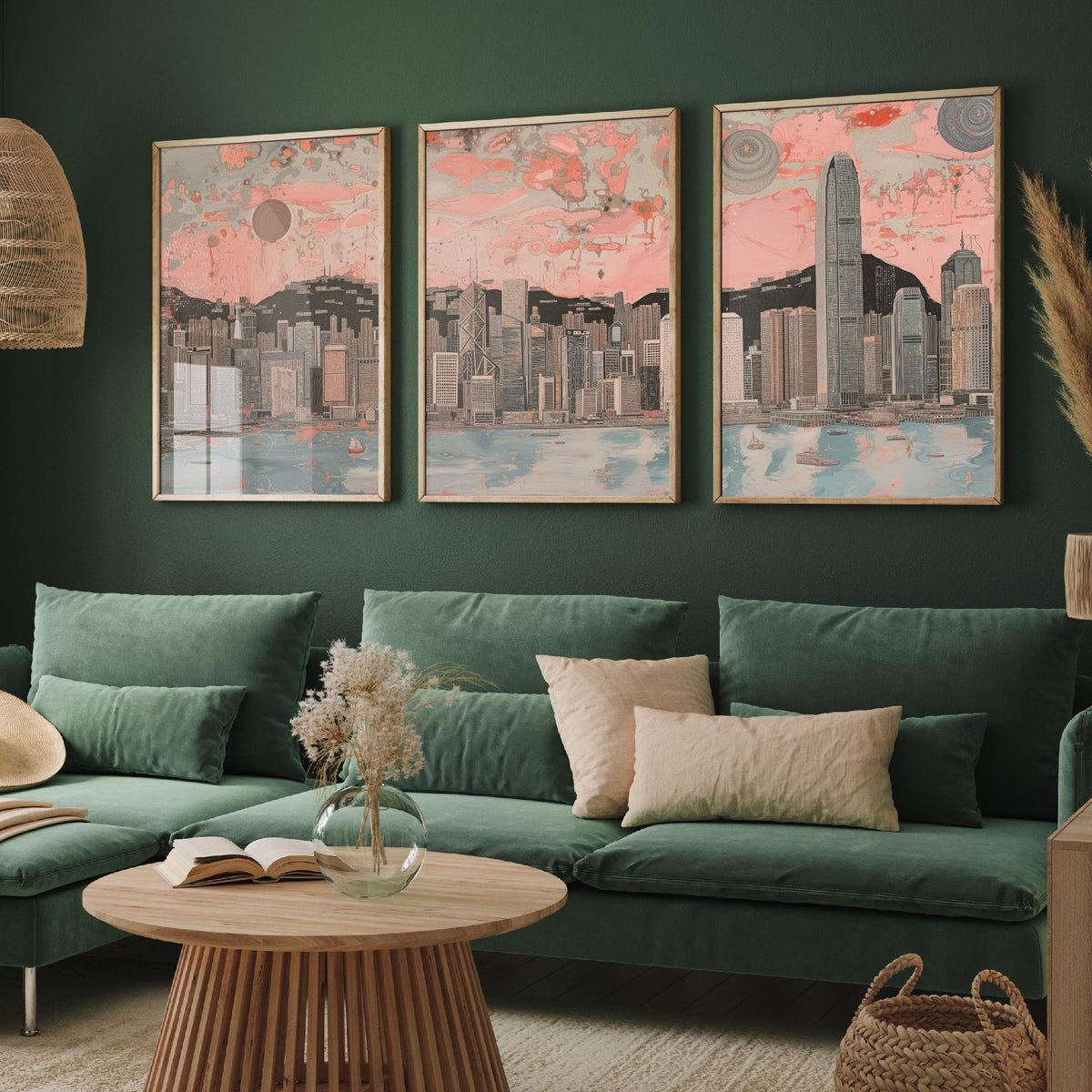 Hong Kong China Skyline Set of Three Prints | Two IFC Bank of China Tower Dusk | Panoramic Harbour Wall Art Poster Painting
