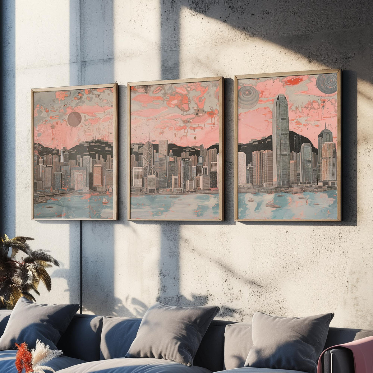 Hong Kong China Skyline Set of Three Prints | Two IFC Bank of China Tower Dusk | Panoramic Harbour Wall Art Poster Painting